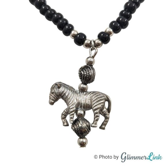 Bohemian Tribal Zebra & Giraffe Charm Black Beaded Silver Tone Necklace - Picture 6 of 8